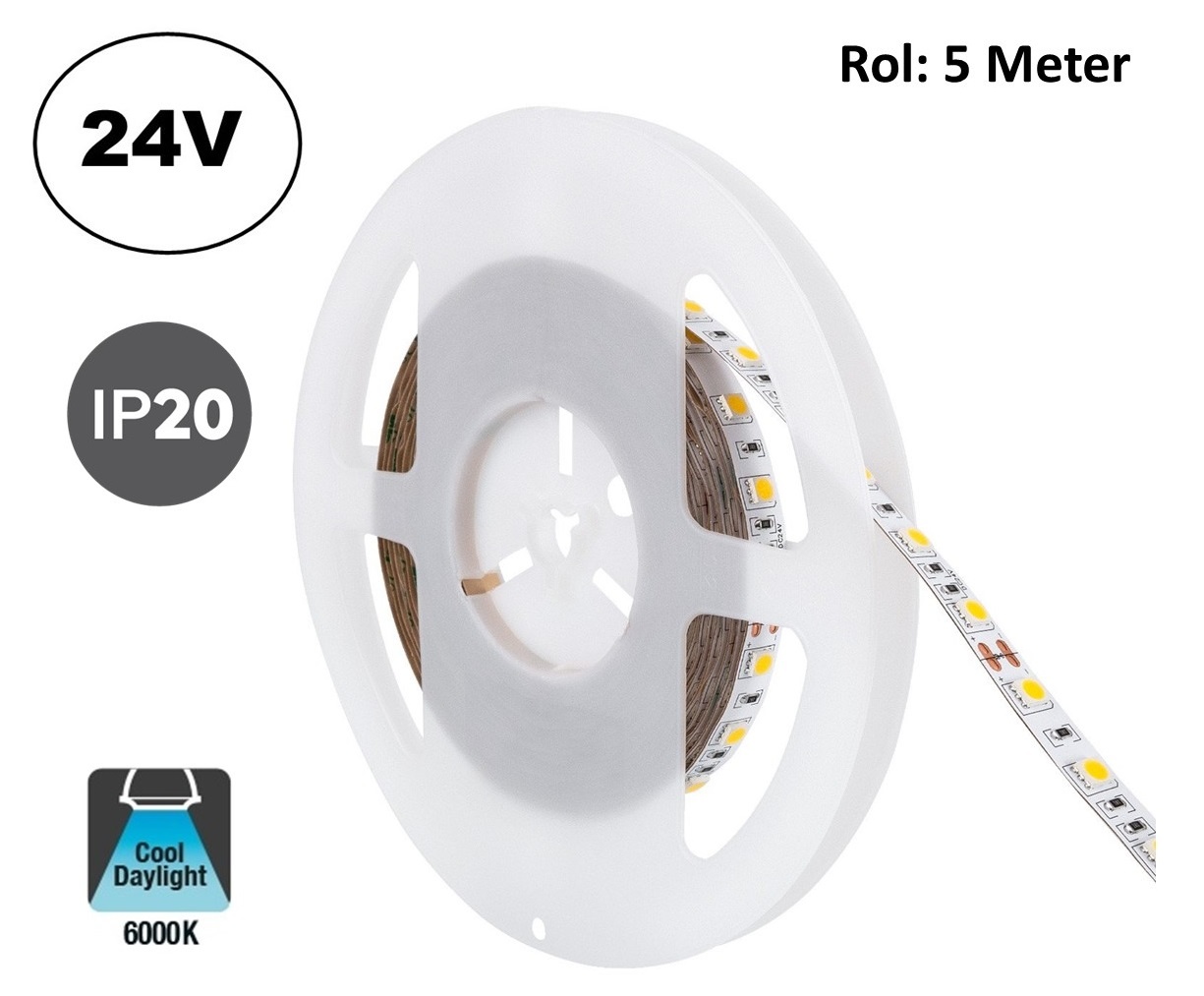 UITVERKOOP: Led Strip ROL 5 Meter 5050SMD, 13,6w/m, 60 led/m, 1320Lm/m, 6000K Daglicht wit, 24v, IP20, 10mm