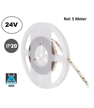 UITVERKOOP: Led Strip ROL 5 Meter 2835SMD, 10,5w/m, 120 led/m, 1100Lm/m, 6000K Daglicht wit, 24v, IP20, 8mm