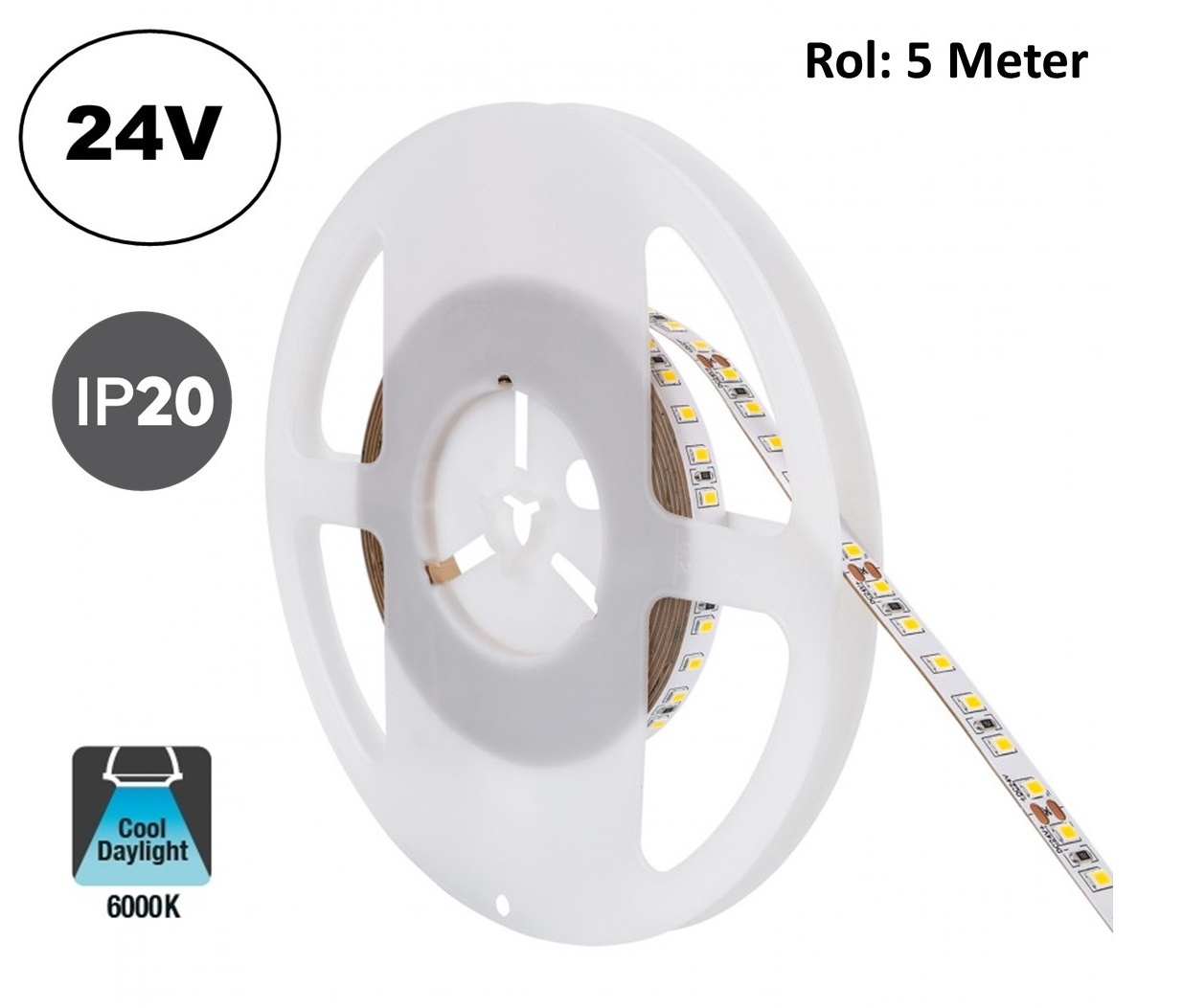 UITVERKOOP: Led Strip ROL 5 Meter 2835SMD, 10,5w/m, 120 led/m, 1100Lm/m, 6000K Daglicht wit, 24v, IP20, 8mm