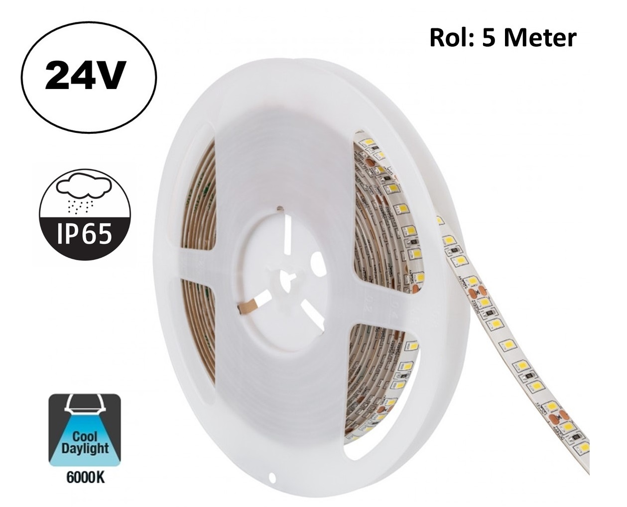 UITVERKOOP: Led Strip ROL 5 Meter 2835SMD, 10,5w/m, 120 led/m, 1100Lm/m, 6000K Daglicht wit, 24v, IP65, 8mm