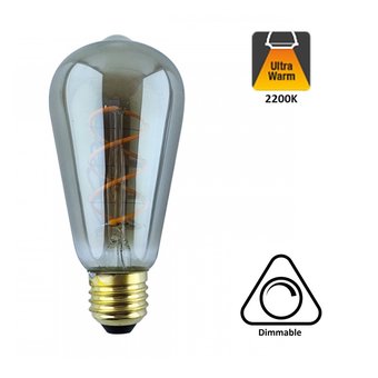 E27 Led Lamp 6,5w Edison, ST64, 2300K Flame, 325 Lumen, Dimbaar, Smoked Glas, 2 Jaar Garantie