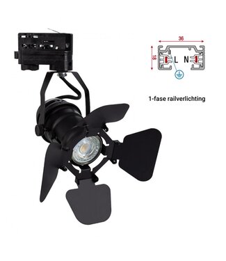 1 Fase Rail armatuur SpotLight met GU10 Fitting, Zwartkleurige behuizing