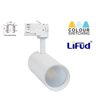 3 Fase Rail Spot Bert 30w, CCT instelbaar, 3000 Lumen, Lifud Driver, Witkleurige behuizing, 3 Jaar Garantie