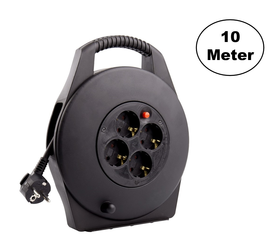 Kabelhaspel 10 meter + 4x Schuko 16A 220-250VAC , Snoerdikte: 3x 1,5mm2, Max: 1100 / 3200W, IP20, inclusief kinderbeveiliging en overspanningsbeveiliging