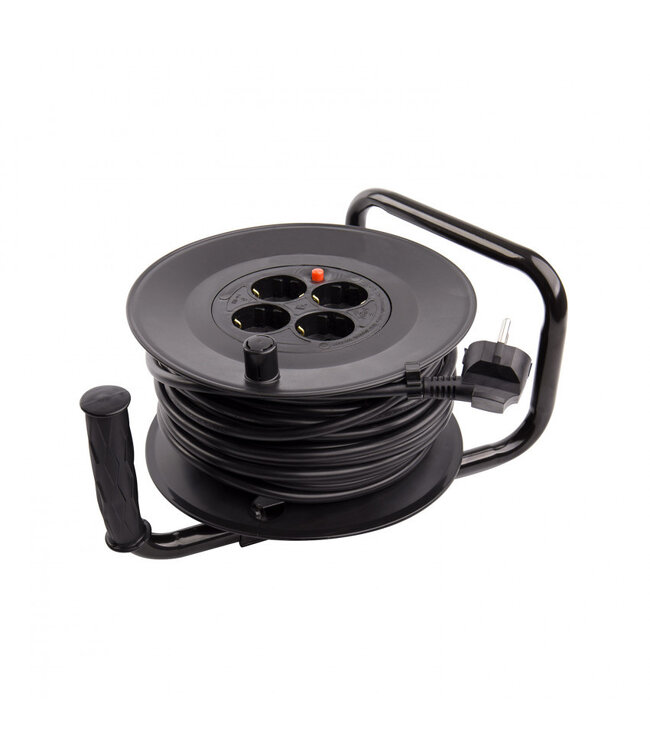 Kabelhaspel 25 meter + 4x Schuko 16A 220-250VAC , Snoerdikte: 3x 1,5mm2, Max: 1100/ 3200W, IP20, inclusief kinderbeveiliging en overspanningsbeveiliging