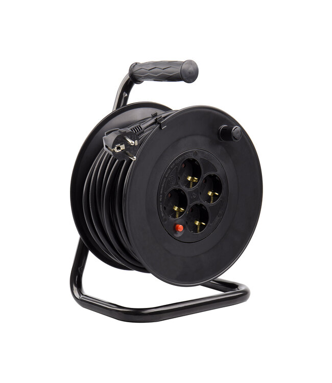 Kabelhaspel 50 meter + 4x Schuko 16A 220-250VAC , Snoerdikte: 3x 1,5mm2, Max: 1100/ 3200W, IP20, inclusief kinderbeveiliging en overspanningsbeveiliging