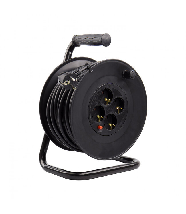 Kabelhaspel 50 meter + 4x Schuko 16A 220-250VAC , Snoerdikte: 3x 1,5mm2, Max: 1100/ 3200W, IP20, inclusief kinderbeveiliging en overspanningsbeveiliging
