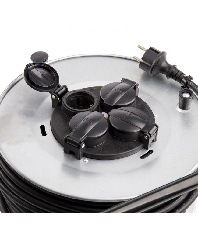 Kabelhaspel 50 meter + 4x Schuko 16A 220-250VAC , Snoerdikte: 3x 1,5mm2, Max: 1100/ 3200W, IP44 (Spatwaterbestendig), inclusief kinderbeveiliging en overspanningsbeveiliging