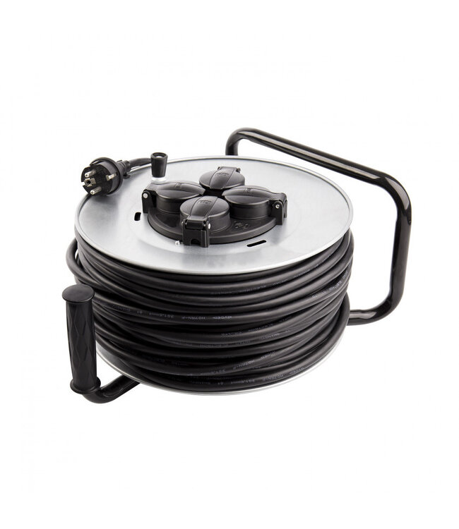 Kabelhaspel 50 meter + 4x Schuko 16A 220-250VAC , Snoerdikte: 3x 1,5mm2, Max: 1100/ 3200W, IP44 (Spatwaterbestendig), inclusief kinderbeveiliging en overspanningsbeveiliging