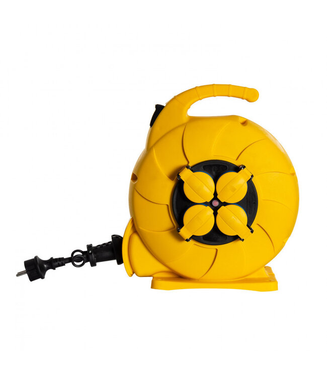 Automatische Kabelhaspel Geel 15 meter + 4x Schuko 16A 220-250VAC , Snoerdikte: 3x 1,5mm2, Max: 1000/ 3000W, IP44 (Spatwaterbestendig), inclusief kinderbeveiliging en overspanningsbeveiliging