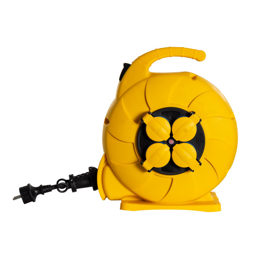 Automatische Kabelhaspel Geel 15 meter + 4x Schuko 16A 220-250VAC , Snoerdikte: 3x 1,5mm2, Max: 1000/ 3000W, IP44 (Spatwaterbestendig), inclusief kinderbeveiliging en overspanningsbeveiliging, foto 2 van 6