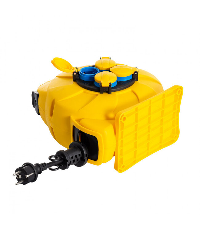Automatische Kabelhaspel Geel 15 meter + 4x Schuko 16A 220-250VAC , Snoerdikte: 3x 1,5mm2, Max: 1000/ 3000W, IP44 (Spatwaterbestendig), inclusief kinderbeveiliging en overspanningsbeveiliging