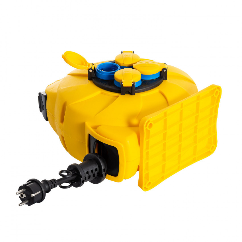 Automatische Kabelhaspel Geel 15 meter + 4x Schuko 16A 220-250VAC , Snoerdikte: 3x 1,5mm2, Max: 1000/ 3000W, IP44 (Spatwaterbestendig), inclusief kinderbeveiliging en overspanningsbeveiliging, foto 4 van 6
