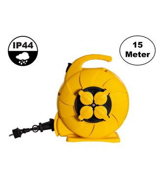 Automatische Kabelhaspel Geel 15 meter + 4x Schuko 16A 220-250VAC , Snoerdikte: 3x 1,5mm2, Max: 1000/ 3000W, IP44 (Spatwaterbestendig), inclusief kinderbeveiliging en overspanningsbeveiliging
