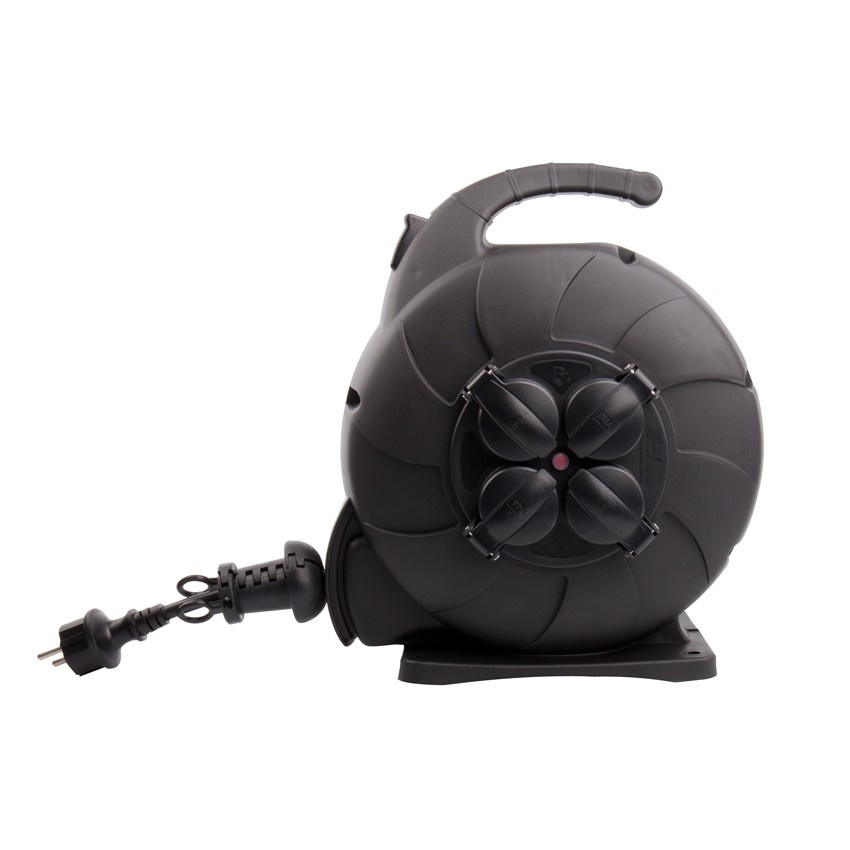 Automatische Kabelhaspel Zwart 15 meter + 4x Schuko 16A 220-250VAC , Snoerdikte: 3x 1,5mm2, Max: 1000/ 3000W, IP44 (Spatwaterbestendig), inclusief kinderbeveiliging en overspanningsbeveiliging, foto 2 van 5