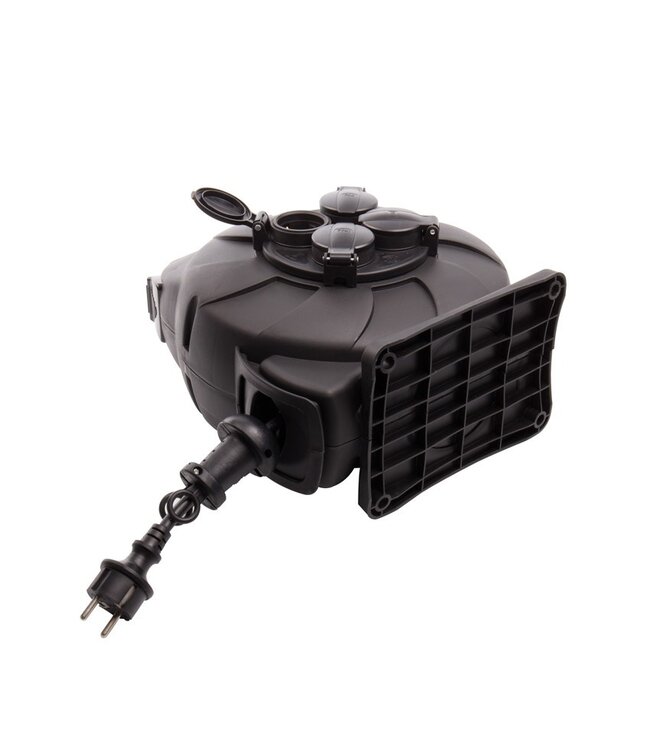 Automatische Kabelhaspel Zwart 15 meter + 4x Schuko 16A 220-250VAC , Snoerdikte: 3x 1,5mm2, Max: 1000/ 3000W, IP44 (Spatwaterbestendig), inclusief kinderbeveiliging en overspanningsbeveiliging