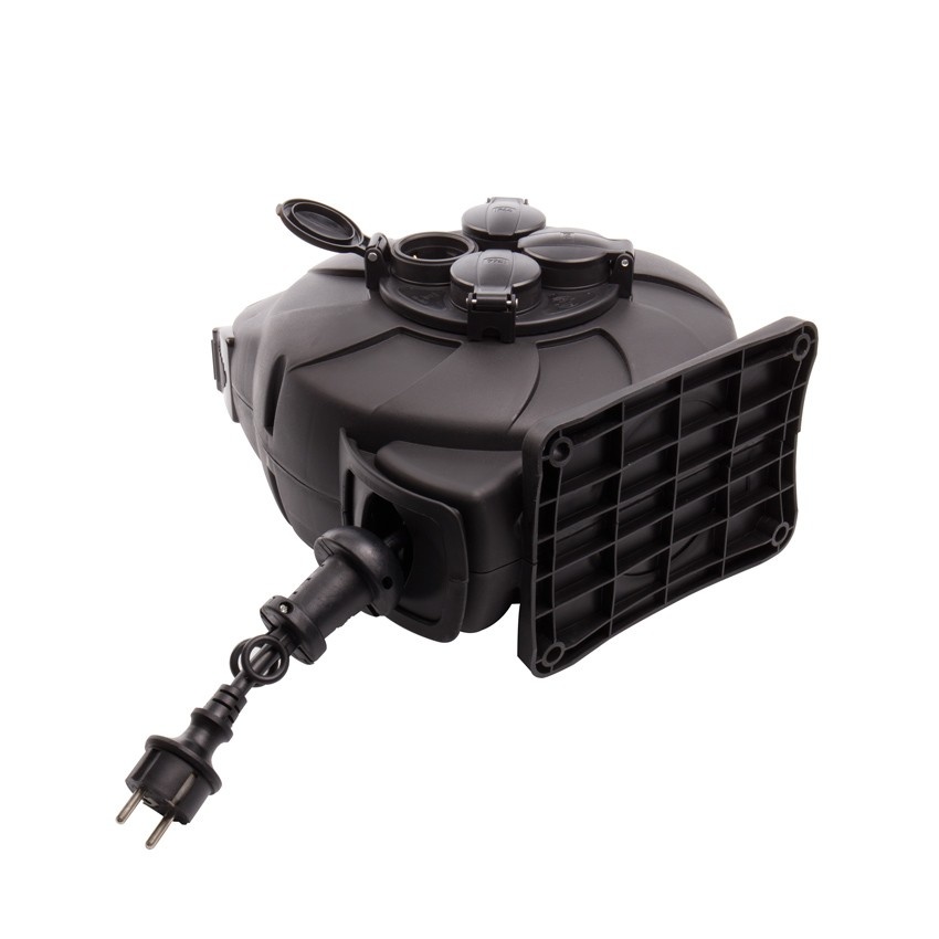 Automatische Kabelhaspel Zwart 15 meter + 4x Schuko 16A 220-250VAC , Snoerdikte: 3x 1,5mm2, Max: 1000/ 3000W, IP44 (Spatwaterbestendig), inclusief kinderbeveiliging en overspanningsbeveiliging, foto 4 van 5