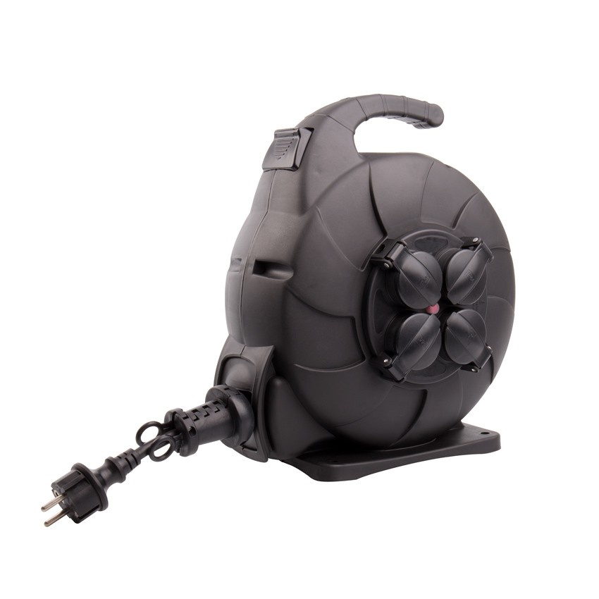 Automatische Kabelhaspel Zwart 15 meter + 4x Schuko 16A 220-250VAC , Snoerdikte: 3x 1,5mm2, Max: 1000/ 3000W, IP44 (Spatwaterbestendig), inclusief kinderbeveiliging en overspanningsbeveiliging, foto 5 van 5
