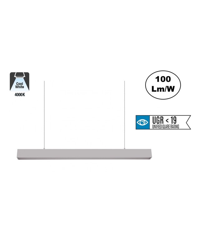 Led Linear Lamp 120cm met <UGR19 Diffuser, 40w, 4000 Lumen (100lm/w), Zilverkleurige Behuizing, (Optioneel DImbaar), 3 Jaar Garantie