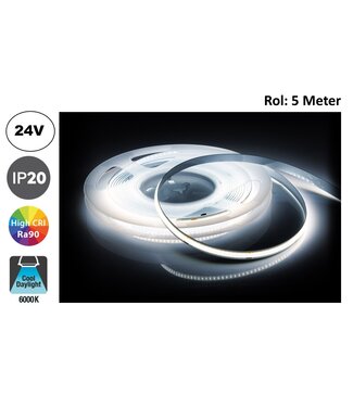 Led Strip ROL 5 Meter COB, 8,8w/m, 320 led/m, 880Lm/m, 6000K Daglicht wit, CRI90, 24v, IP33, 8mm, 2 Jaar garantie