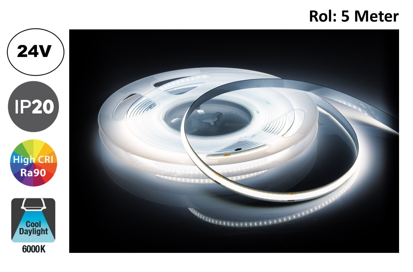 Led Strip ROL 5 Meter COB, 8,8w/m, 320 led/m, 880Lm/m, 6000K Daglicht wit, CRI90, 24v, IP33, 8mm, 2 Jaar garantie