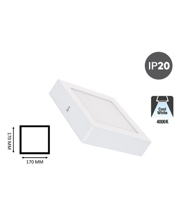 Opbouw LED Downlighter  Vierkant 12w, 880 Lumen, 170x170mm, Wit, IP20, 2 Jaar Garantie