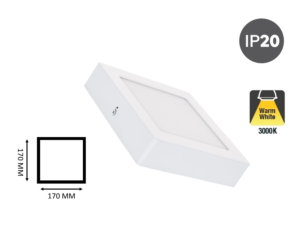 Opbouw LED Downlighter Vierkant 12w, 880 Lumen, 170x170mm, Wit, IP20, 2 Jaar Garantie