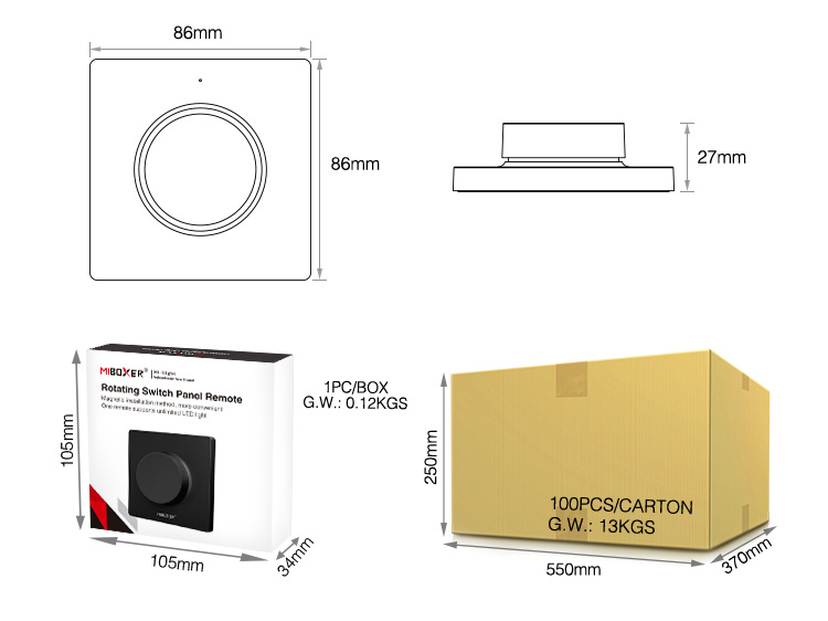 MiBoxer Draai Muurbediening Single Color & CCT, 1-Zone, Zwart, foto 4 van 6