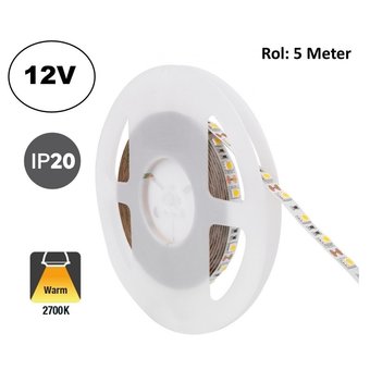 Led Strip ROL 5 Meter 2835SMD, 10w/m, 60 led/m, 950Lm/m, 2700K Warm wit, 12v, IP20, 8mm, 2 Jaar garantie