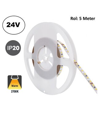 Led Strip ROL 5 Meter 2835SMD, 10w/m, 60 led/m, 950Lm/m, 2700K Warm wit, 24v, IP20, 8mm, 2 Jaar garantie