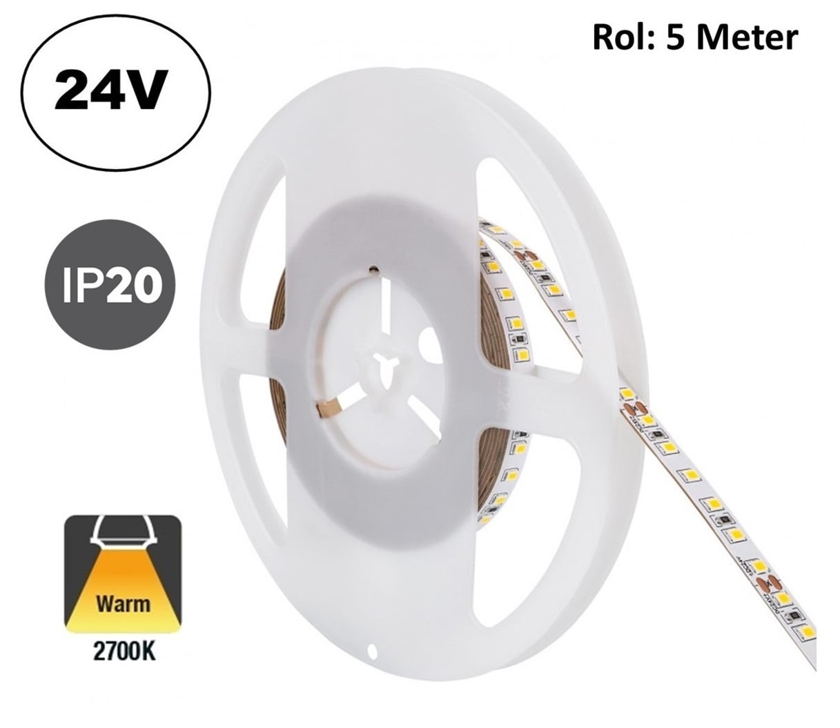 Led Strip ROL 5 Meter 2835SMD, 10w/m, 60 led/m, 950Lm/m, 2700K Warm wit, 24v, IP20, 8mm, 2 Jaar garantie