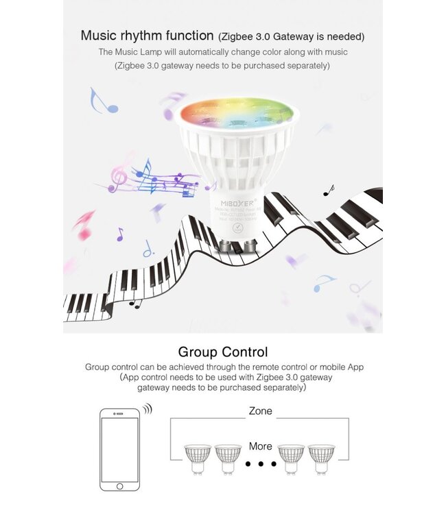 Zigbee3.0 Miboxer  GU10 LED Spot 4w, RGB+CCT, 280 Lumen, Werkt via Zigbee 3.0 / App / Wifi, 2 Jaar Garantie