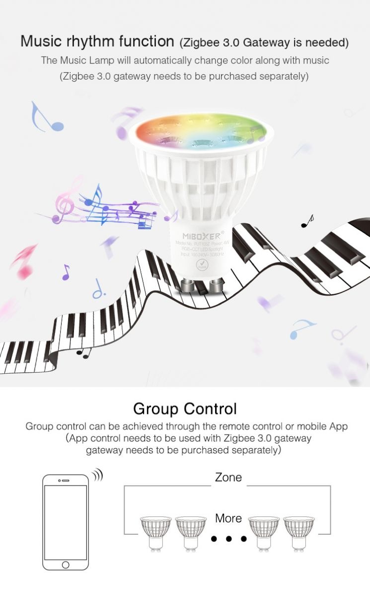 UITVERKOOP: Zigbee3.0 Miboxer GU10 LED Spot 4w, RGB+CCT, 280 Lumen, Werkt via Zigbee 3.0 / App / Wifi, 2 Jaar Garantie, foto 2 van 6