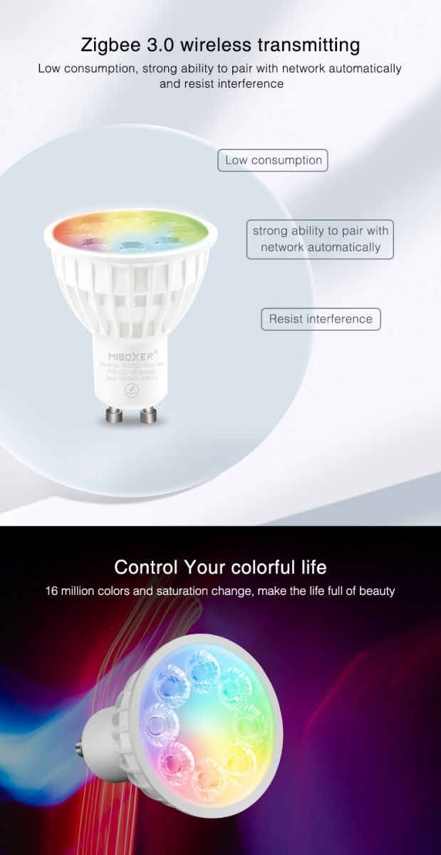 UITVERKOOP: Zigbee3.0 Miboxer GU10 LED Spot 4w, RGB+CCT, 280 Lumen, Werkt via Zigbee 3.0 / App / Wifi, 2 Jaar Garantie, foto 5 van 6