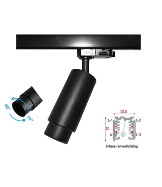 3 Fase Rail Spot met GU10 Fitting, Lange Koker met Verstelbare Lens 10°-50° , Zwartkleurige behuizing