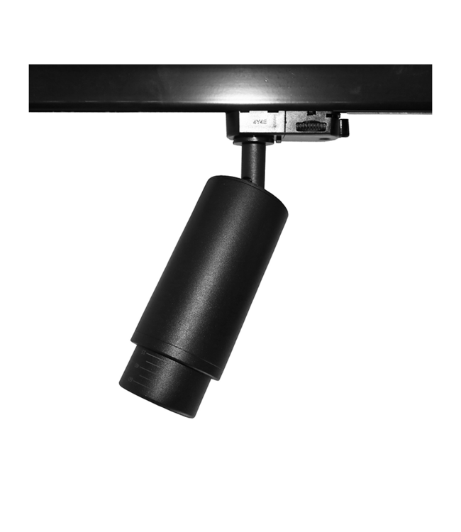 3 Fase Rail Spot met GU10 Fitting, Lange Koker met Verstelbare Lens 10°-50° , Zwartkleurige behuizing