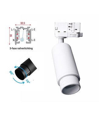 3 Fase Rail Spot met GU10 Fitting, Lange Koker met Verstelbare Lens 10°-50° , Witkleurige behuizing