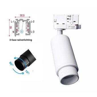 3 Fase Rail Spot met GU10 Fitting, Lange Koker met Verstelbare Lens 10°-50° , Witkleurige behuizing