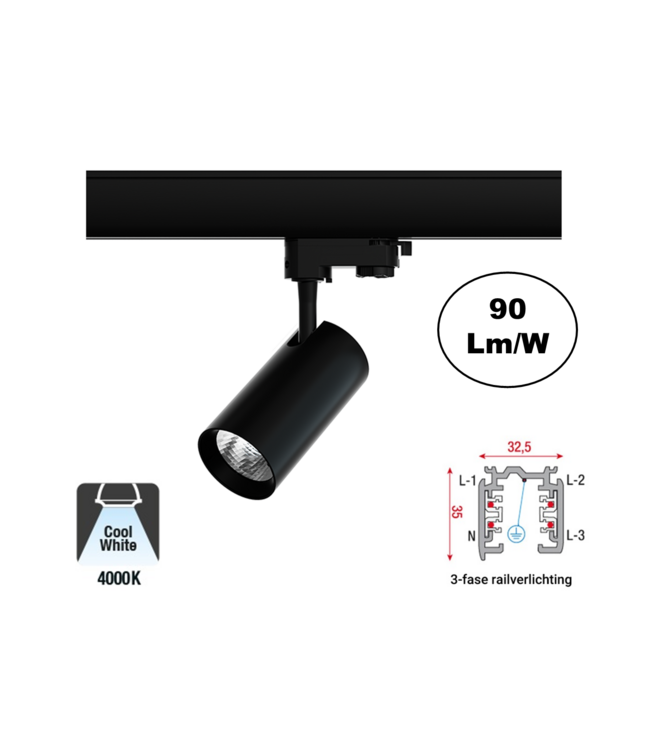3 Fase Rail Spot Era 7w, 630 Lumen, Zwartkleurige behuizing, 3 Jaar Garantie
