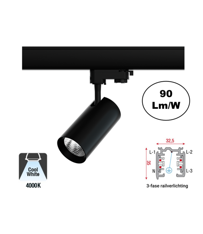 3 Fase Rail Spot Era 10w, 900 Lumen, Zwartkleurige behuizing, 3 Jaar Garantie