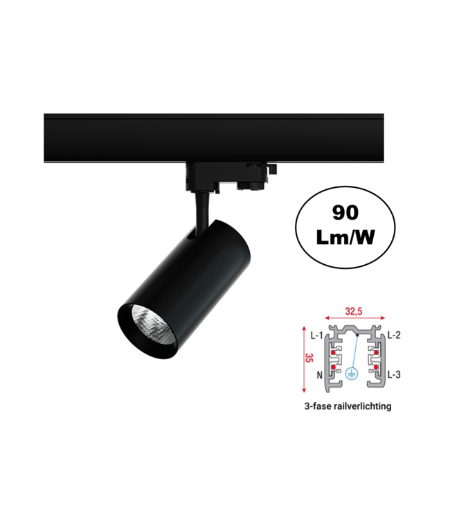 3 Fase Rail Spot Era 10w, 900 Lumen, Zwartkleurige behuizing, 3 Jaar Garantie