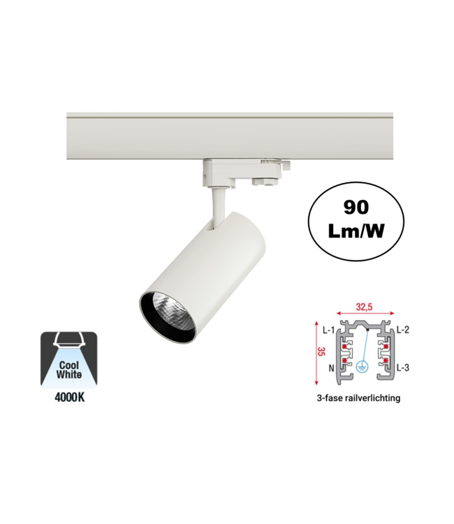 3 Fase Rail Spot Era 7w, 630 Lumen, Witkleurige behuizing, 3 Jaar Garantie