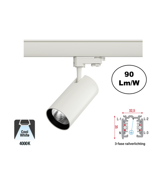 3 Fase Rail Spot Era 10w, 900 Lumen, Witkleurige behuizing, 3 Jaar Garantie