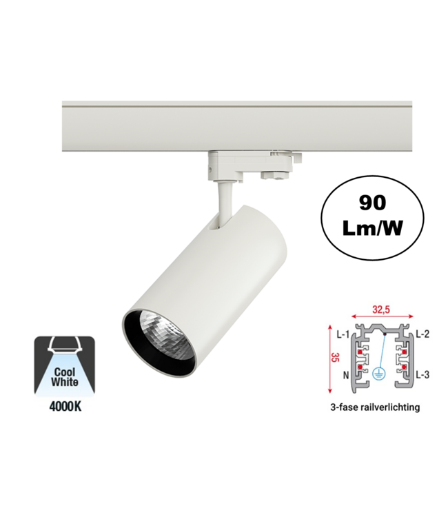 3 Fase Rail Spot Era 20w, 1800 Lumen, Witkleurige behuizing, 2 Jaar Garantie