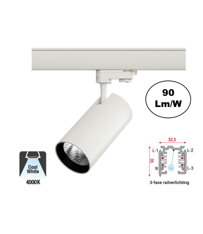 3 Fase Rail Spot Era 30w, 2700 Lumen, Witkleurige behuizing, 3 Jaar Garantie