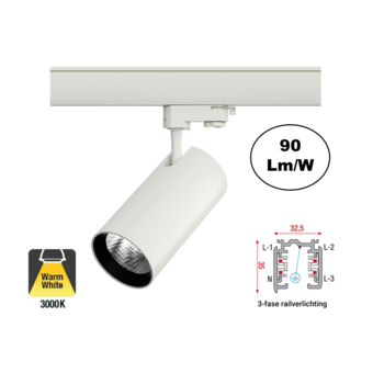 3 Fase Rail Spot Era 30w, 2700 Lumen, Witkleurige behuizing, 3 Jaar Garantie