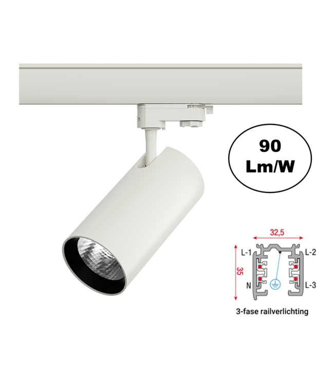 3 Fase Rail Spot Era 30w, 2700 Lumen, Witkleurige behuizing, 3 Jaar Garantie