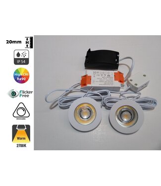 Inbouw LED Spot 2x3w CAB, 2x270 Lumen, 2700K, IP54, Dimbaar, CRI90, Wit Armatuur, Gatmaat 55mm, 2 Jaar Garantie