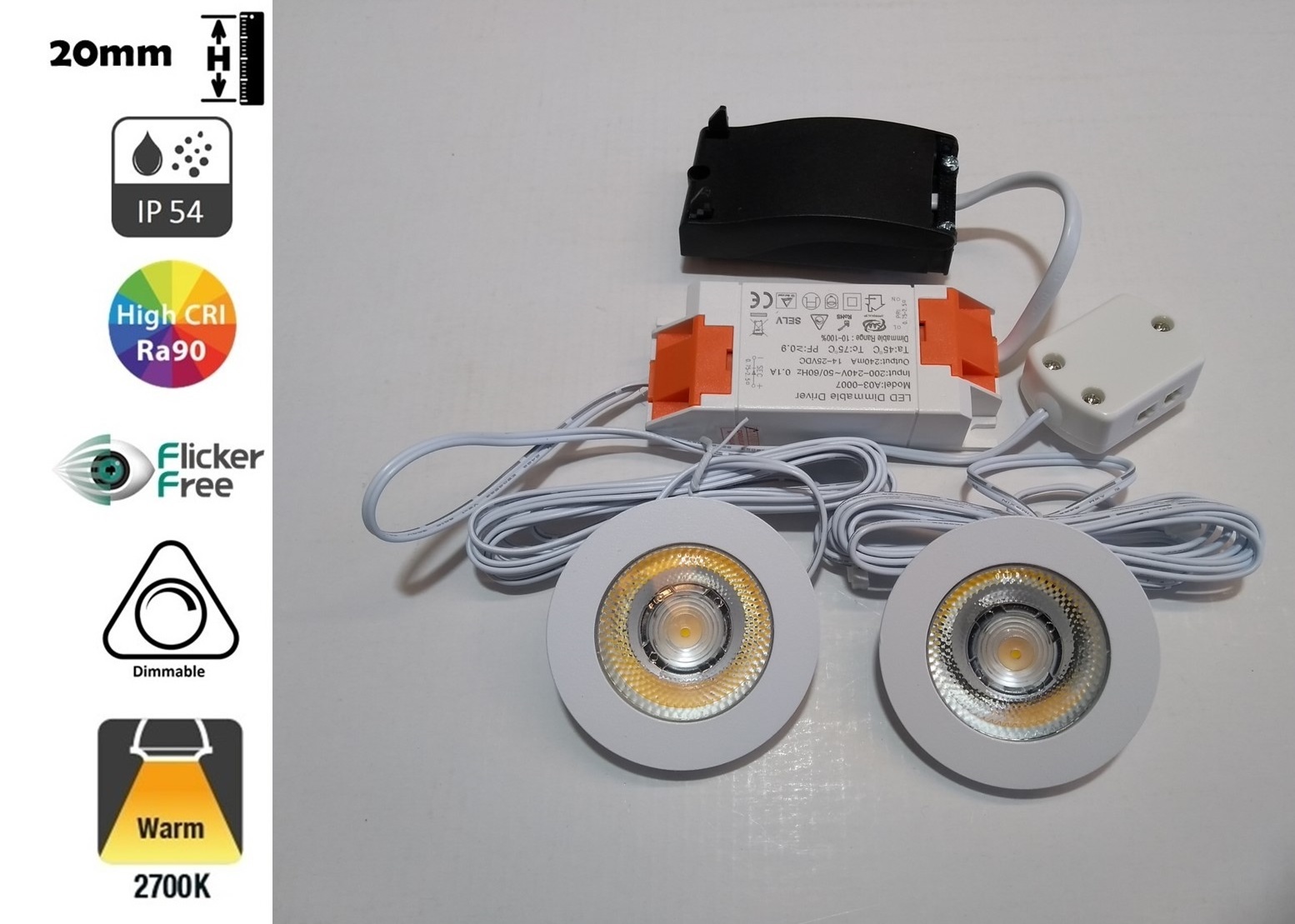 Inbouw LED Spot 2x3w CAB, 2x270 Lumen, 2700K, IP54, Dimbaar, CRI90, Wit Armatuur, Gatmaat 55mm, 2 Jaar Garantie