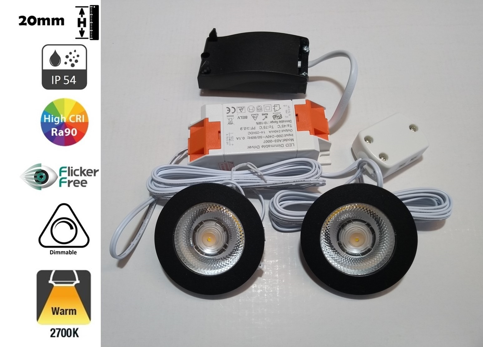 Inbouw LED Spot 2x3w CAB, 2x270 Lumen, 2700K, IP54, Dimbaar, CRI90, Zwart Armatuur, Gatmaat 55mm, 2 Jaar Garantie